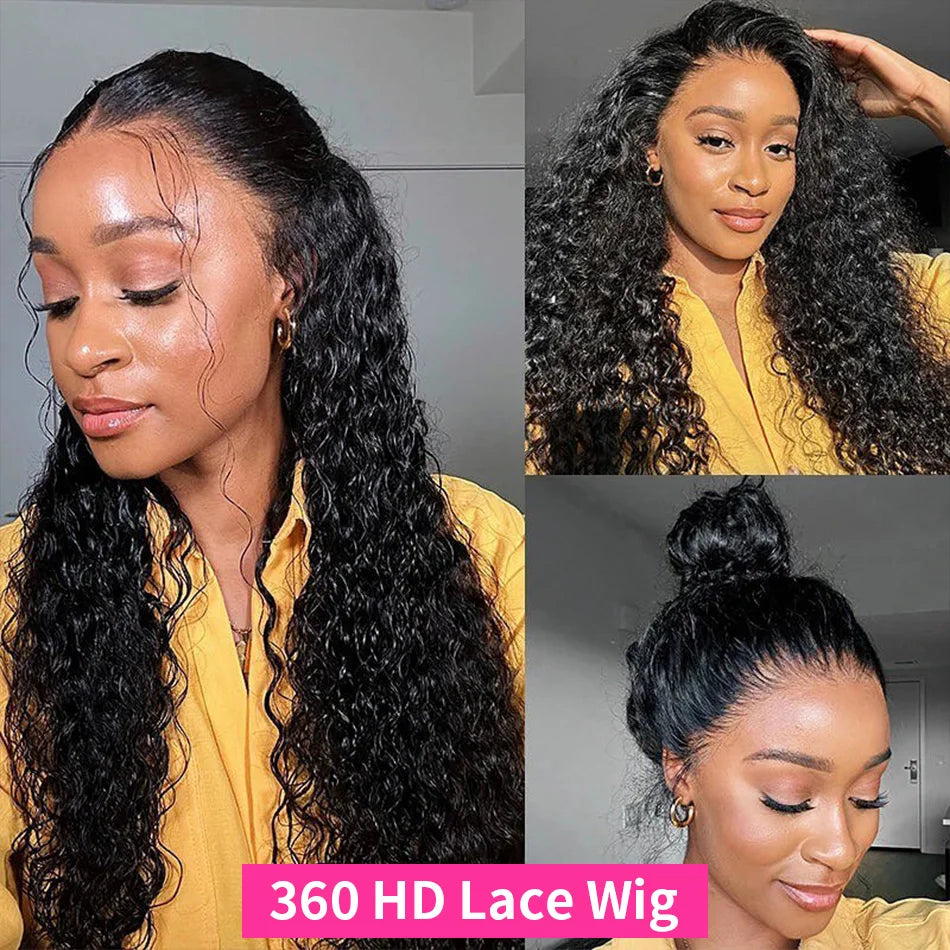 40" Invisible Strap 360 Lace Wig – Full Lace, Natural Black Curly Human Hair with Drawstring
