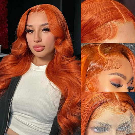 Ginger Orange Body Wave Wig – 13x6 Lace Front, 200% Density, 350 Colored Pre-Plucked Human Hair