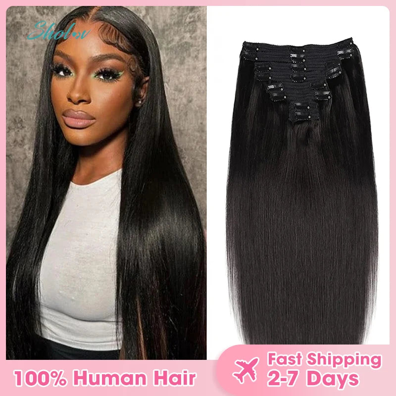 Straight Clip-In Hair Extensions – Soft Black, Thick Human Hair, 12–18 Inches