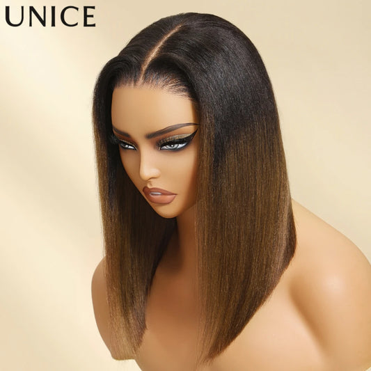 Unice Chestnut Brown Ombre Yaki Straight Bob Wig – 7x5 Pre-Cut, Pre-Bleached, Glueless, 150% Density
