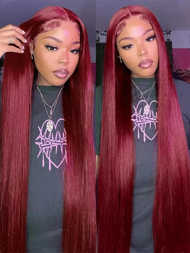 99J Burgundy Straight Wig – 13x6/13x4 HD Lace Front, 200–250% Density Brazilian Human Hair