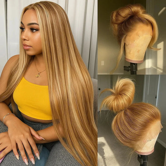 P4/27 Highlight Bone Straight Wig – 13x4 HD Lace Frontal, Brazilian Ombre Honey Blonde