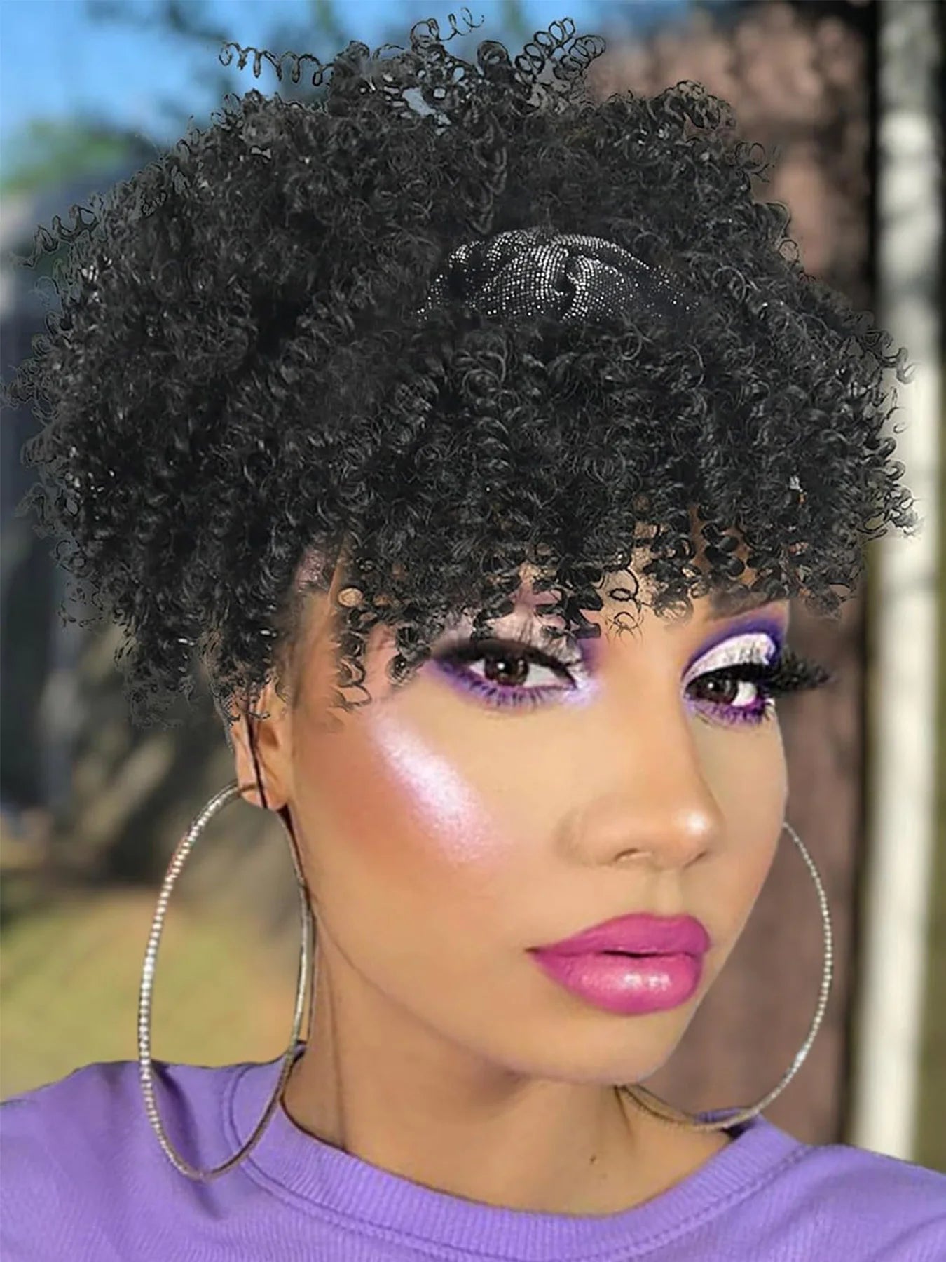 Short African Curly Synthetic Wig – Soft Curls with Attached Headscarf for Black Women