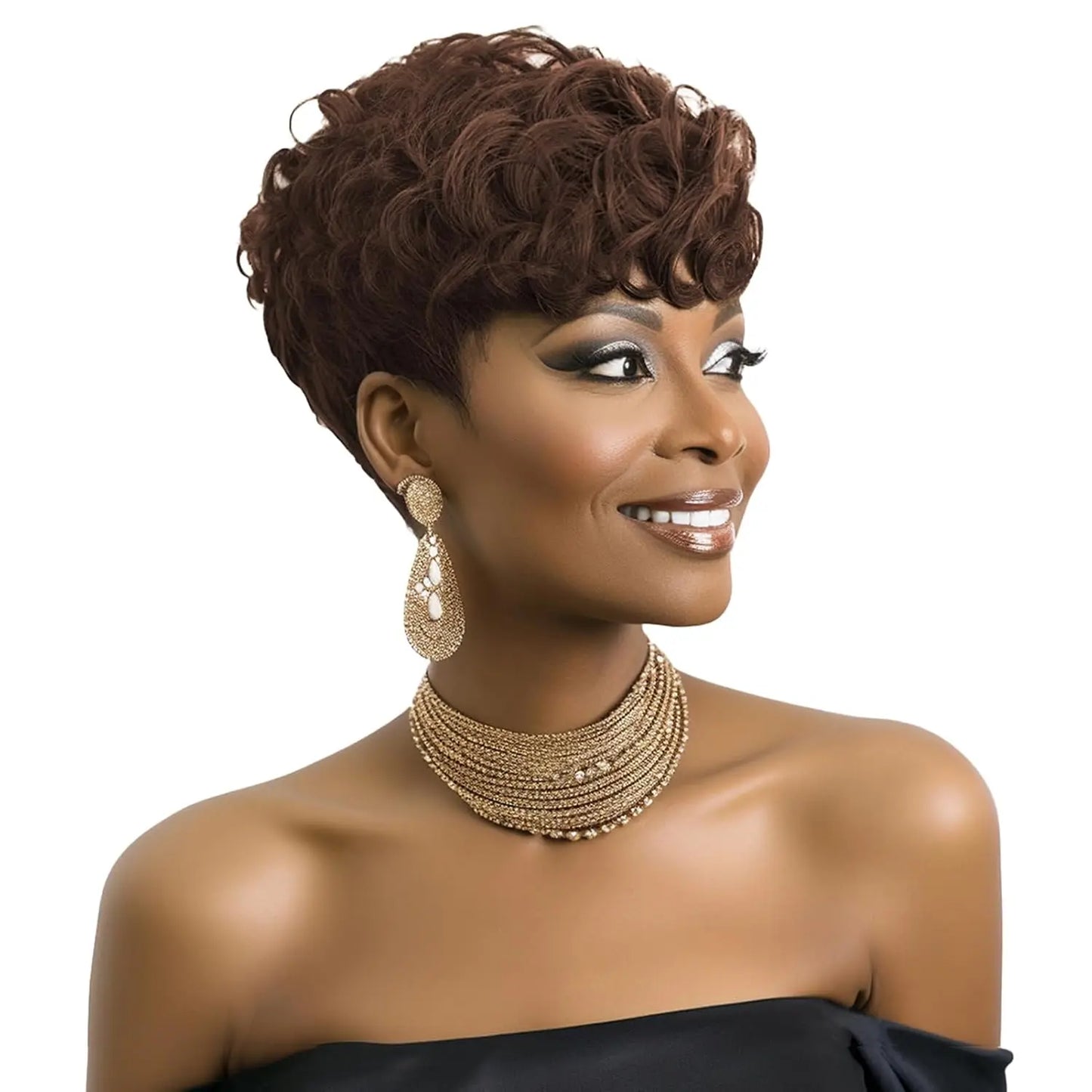 Short Black Elf Wig with Bangs – Layered Curly Synthetic Wig for Women