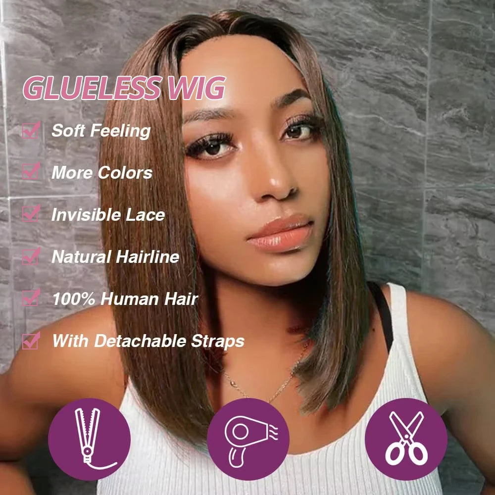 Glueless Chocolate Brown Bob Wig – 7x5 Lace Front, 180% Density, Pre-Plucked Straight Human Hai
